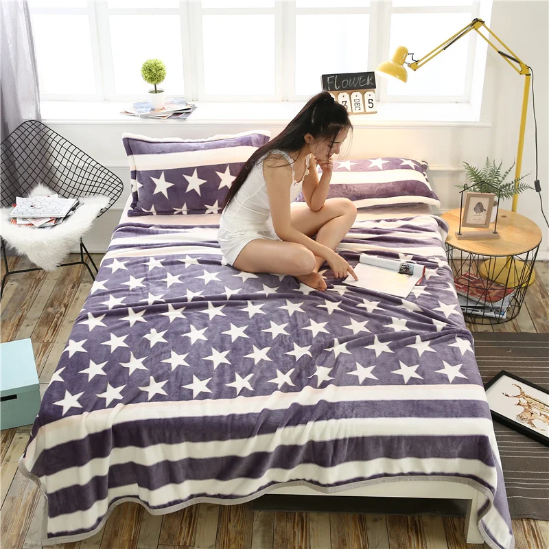 

Blue White Striped White Stars Pattern 1PC Bed Blanket Fleece Blankets For Bed Throw Blanket Machine Washable Home Textile Soft