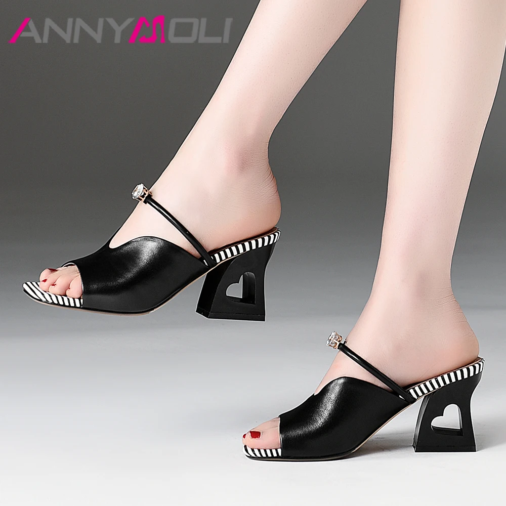 

ANNYMOLI Women Slippers Summer Shoes Natural Genuine Leather Strange Style High Heels Shoes Crystal Open Toe Slides Lady Sandals
