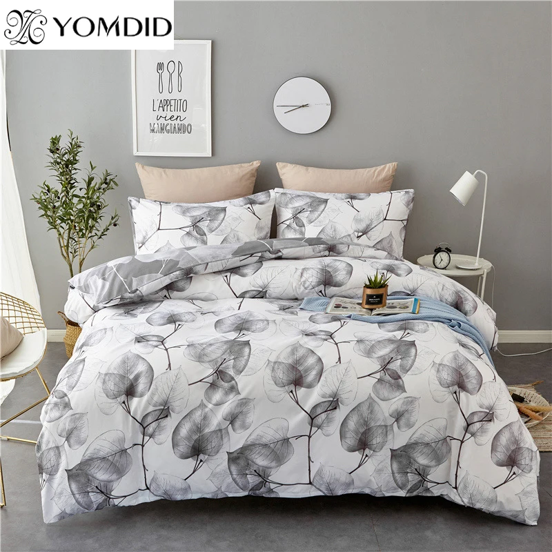 

2/3Pcs Bedding Set Home Textile Black and White Simple Leaves Pattern Printed Plant Flower Duvet Cover Pillowcase Bedding Set