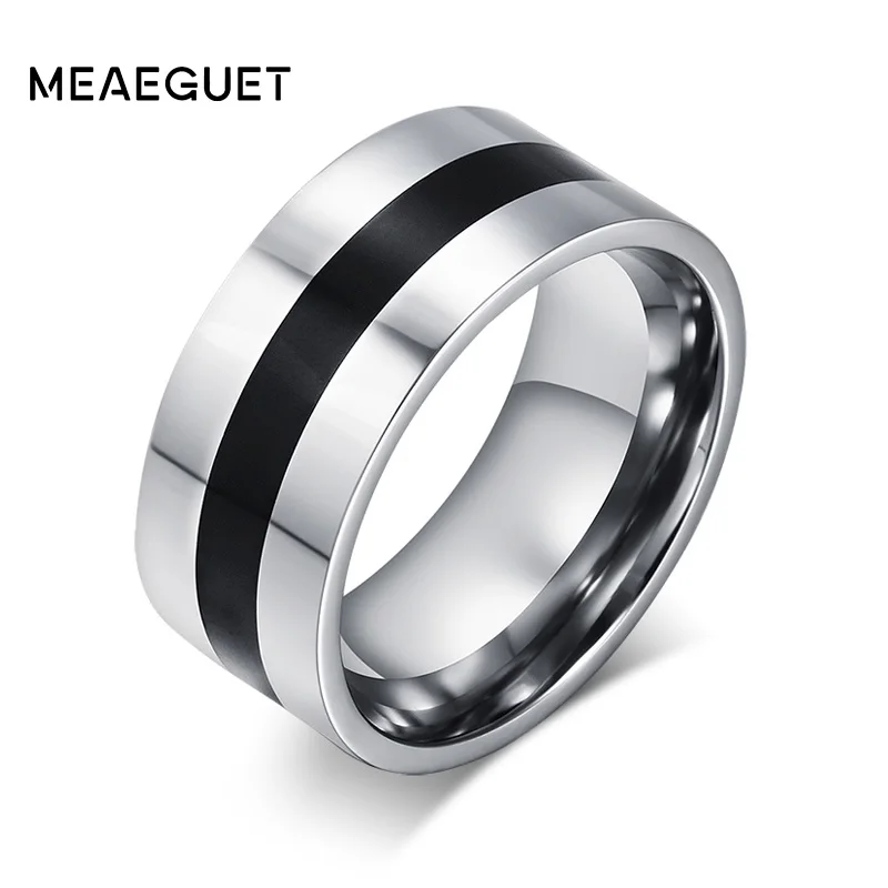 Meaeguet 9mm Wide Stainless Steel Wedding Rings With Black Enamel Design High Polished Rings For Men Jewelry USA Size