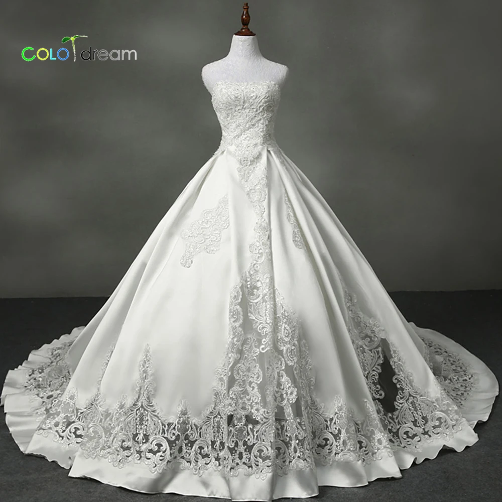 wedding dress A line chapel train strapless matte satin | Свадьбы и торжества