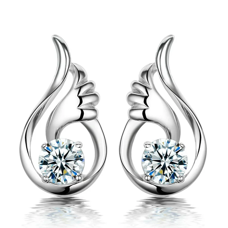 

100% 925 sterling silver fashion angel wings shiny crystal ladies`stud earrings jewelry Anti allergy women birthday gift cheap