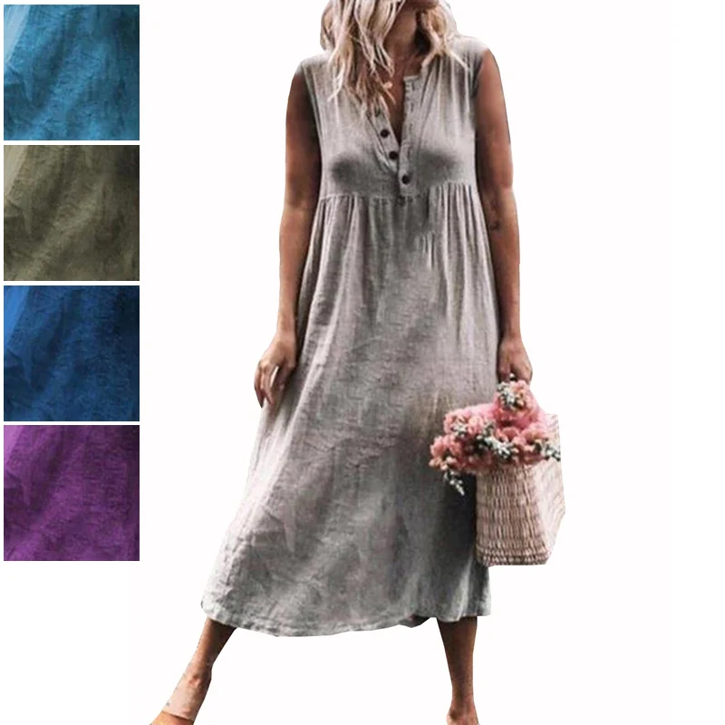 

Cotton Linen Summer Dress Plus Size Solid Color Sundress Women loose Long Dresses Casual V-neck Beach Sleeveless Dress Ladies