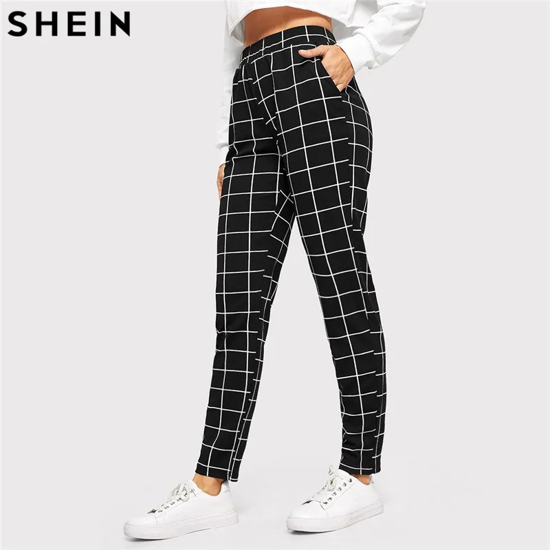 Meilleur SHEIN noir Plaid mi taille Skinny carotte pantalon automne femmes décontracté Slim Fit Vertical femmes crayon Streetwear pantalon