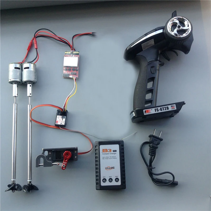 

1Set DIY RC Bait Boat Double Motors Differential Power Kit 380 Motor+Frysky GT2B Controller+3mm CW/CCW Shaft+Props+Dispenser+ESC