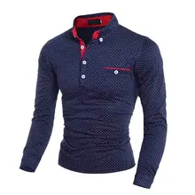 Горячая зима осень британский черный темно-синий Мода волна точка Печатный длинный рукав Мужская Повседневная рубашка поло мужская