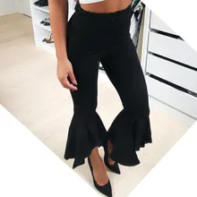 Fashion Asymmetric Frill Hem Ruffle Trousers Women Bottom Flare Pants White Black High Waist Slim Pants Capris Fashion Asymmetric Frill Hem Ruffle Trousers Women Bottom Flare Pants White Black High Waist Slim Pants Capris