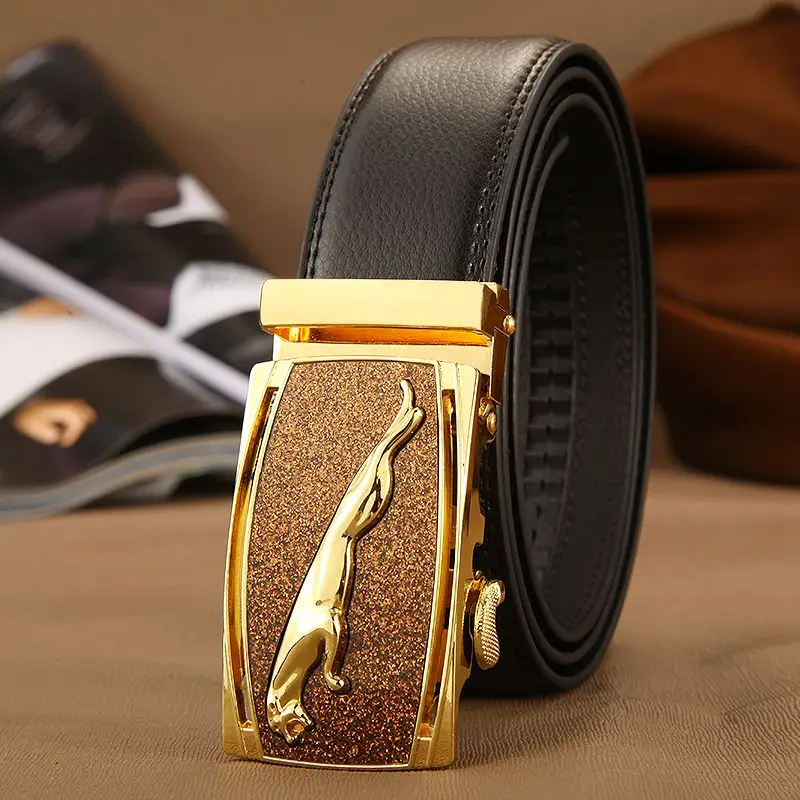 Mens Gold Jaguar Leopard Fashion Designer Automatic Sliding Buckle Leather Belts 