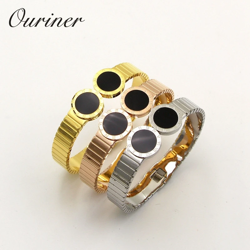 

Luxury Brand Width Belt Bangles Round Black Cuff Bracelets Jewelry Stainless Steel Roman Numeral Cuff Bracelets Men Women K0086