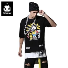 

Genanx Brand Men T Shirt Printed Contrast Color Irregular Hem Five Cents Trousers Dropped Shoulder Sleeve shirt 2018 Size M-XXL
