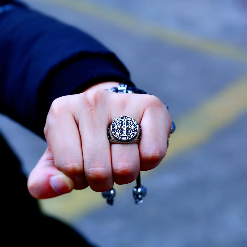 Beier 316L Stainless Steel Letter faith cross Jesus St. Benedict's Exorcism for men wholesale ring fashion jewelry LR623