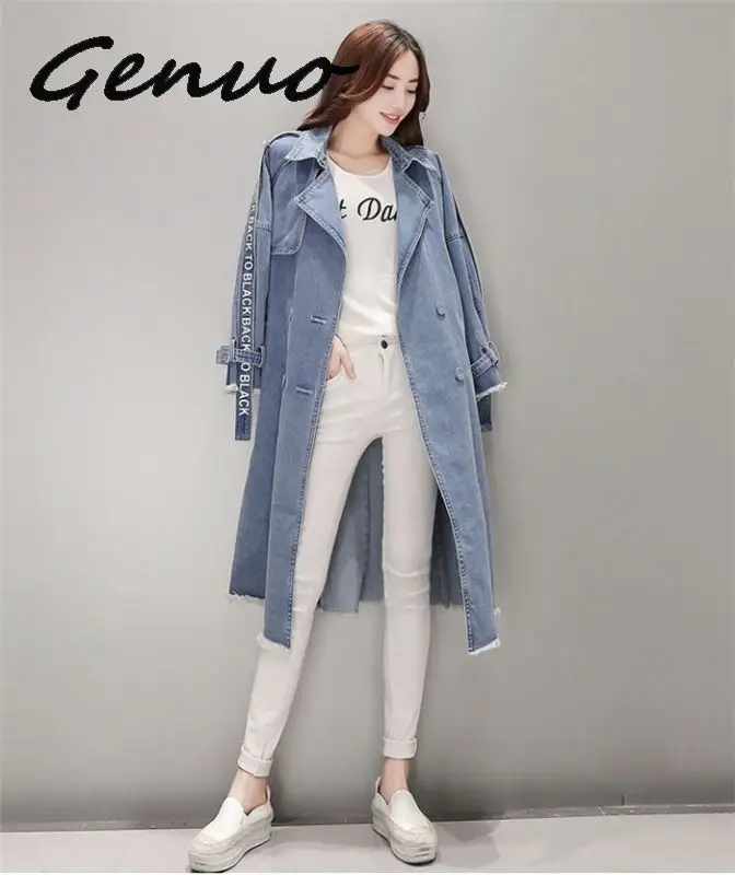 Women's Trench Coat spring Waist Denim Windbreaker Fashion Full Sleeve Outwear Printed Female Long Denim Coat Loose Big Size