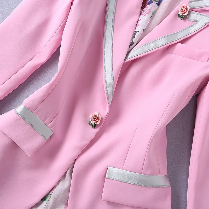 Mode Vestes Bureau Floral Deigner Bouton Femmes Rose Blazer Costumes Printemps Mince Veste Casual 2019 Unique Marque Doublure wgzYqHz