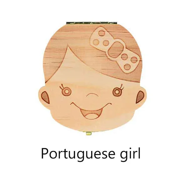 Испанский/английский/голландский/Португальский/французский/Россия/Детская деревянная коробка для зубов органайзер для хранения молочных зубов - Цвет: Portuguese girl