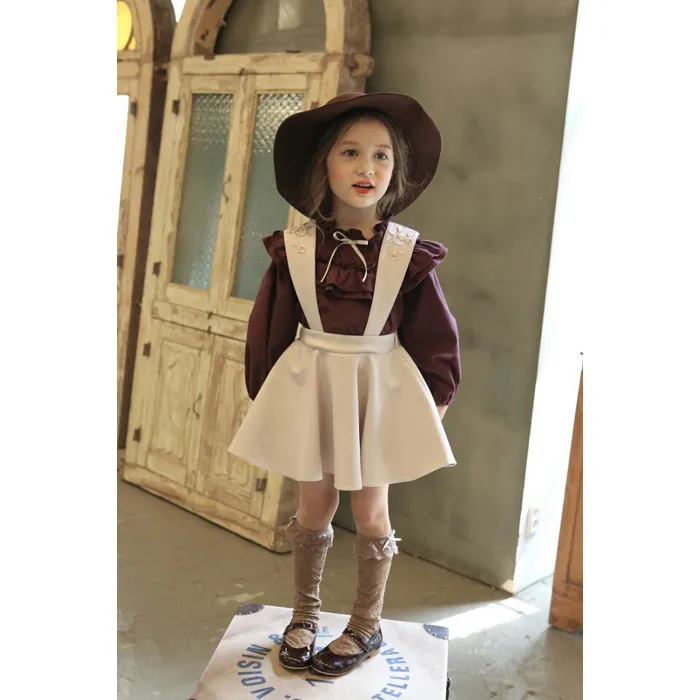 

Free Shipping 2017 Autumn Girls Clothing Set Fashion High Quality Cotton Shirt + Braces Skirts 2pcs Children Clothing Hot Sale