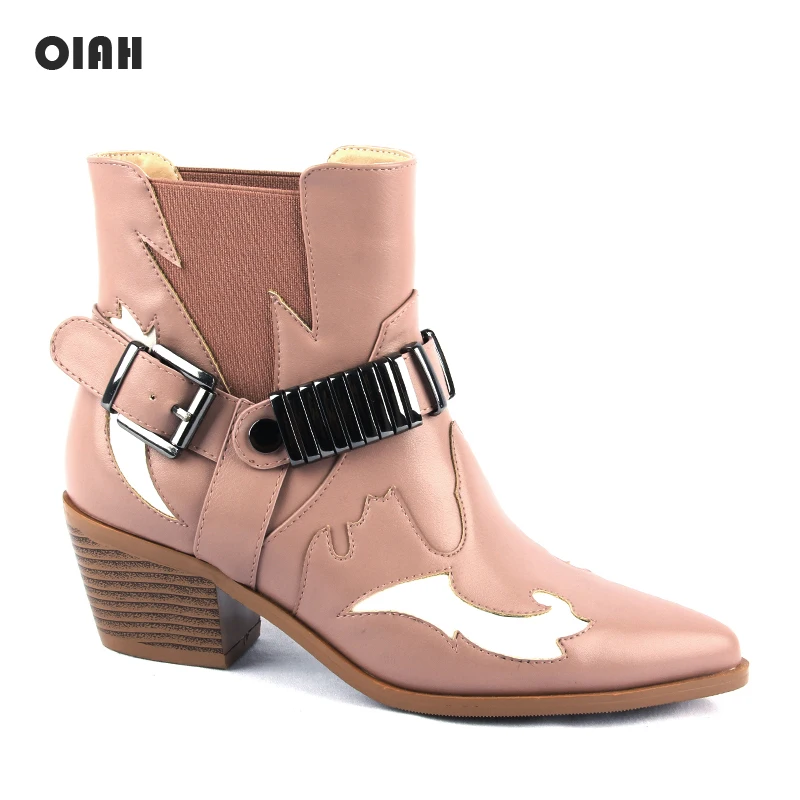 Botas de estilo vaquero para mujer, botines de piel sintética con punta  puntiaguda, color rosa, cuñas de bloque, para otoño e invierno, 2019|Botas  hasta el tobillo| - AliExpress