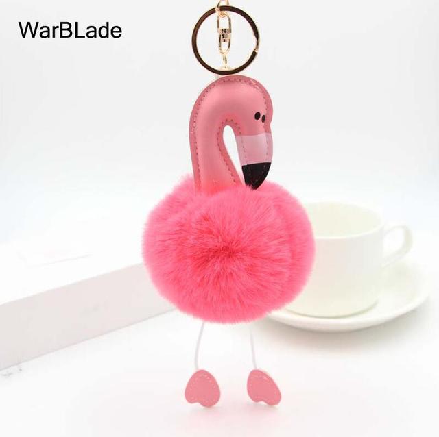 New Flamingo Pompom Keychain Fluffy Fake Rabbit Fur Ball Key Chain Porte clef Women Car Bag pompon Key Ring Accessories