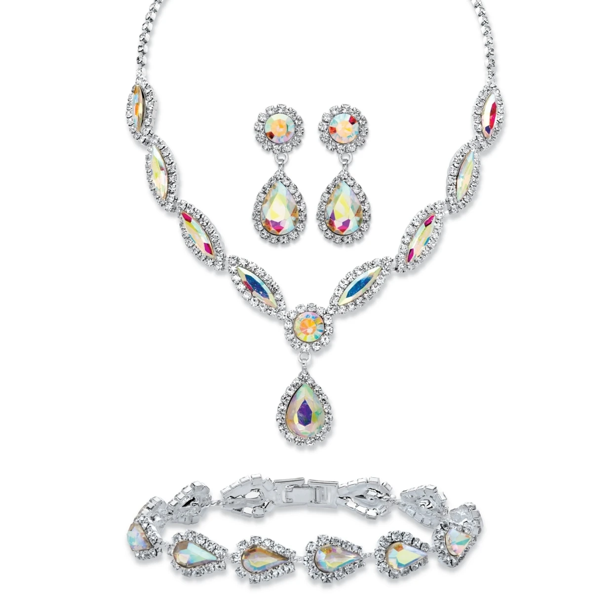 Pear and Marquise-Cut Aurora Borealis Crystal 3-Piece Halo Earrings, Drop Necklace and Bracelet Set in Silvertone 14-18