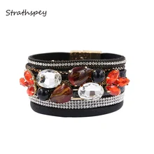 Handmade Beads Crystal Bracelet For Women Vintage Magnetic Leather Bracelets Rhinestone Statement Bangle Jewelry Handmade Beads Crystal Bracelet For Women Vintage Magnetic Leather Bracelets Rhinestone Statement Bangle Jewelry