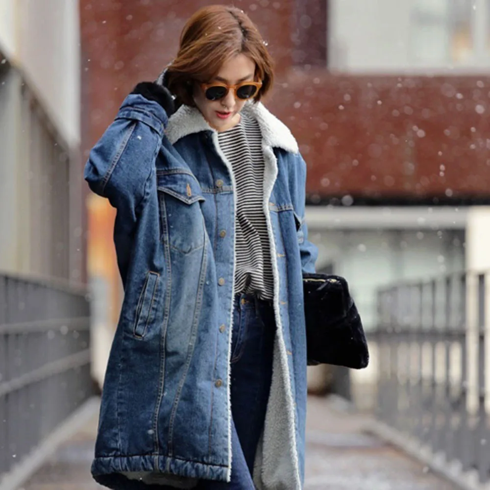 New  Women Warm Winter Long Sleeve Denim Jacket Pockets Long Jean Coat Outwear Overcoat casaco feminino 