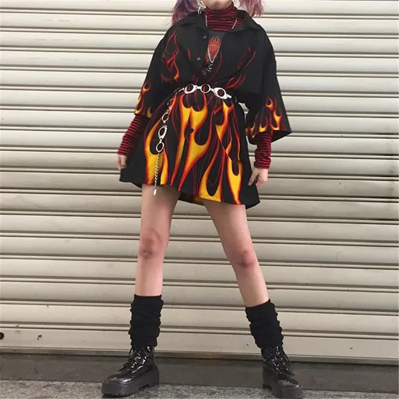 

Autumn Girls Punk Harajuku Blouse Shirts Gothic Flame Print Tops Blusas Loose Fashion Long Blouses Women Outfits
