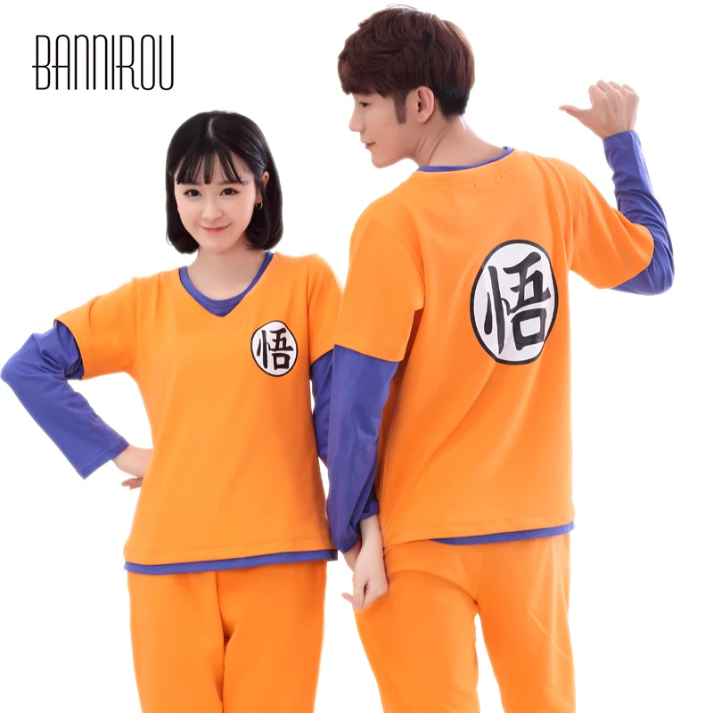 Продажа Пара Соответствующие пижамы хлопковые комплекты Косплэй Оранжевый Dragon Ball Полный Круглый Средства ухода за кожей Шеи домашняя одежда для вл...