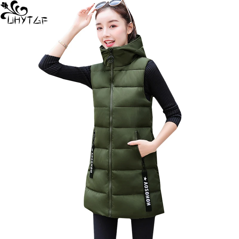 white puffer coat UHYTGF Korean Women Winter Down Cotton Jackets 2022 Plus Size Long Sleeveless Warm Tops Fashion Hooded Chic Girl Parker Vest 427 long down coat