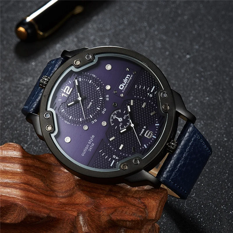 Oulm HP3548M Two Time Zone Big Men's Watches Luxury Brand Large Dial Casual Leather Strap Wristwatch Man Sport Watch