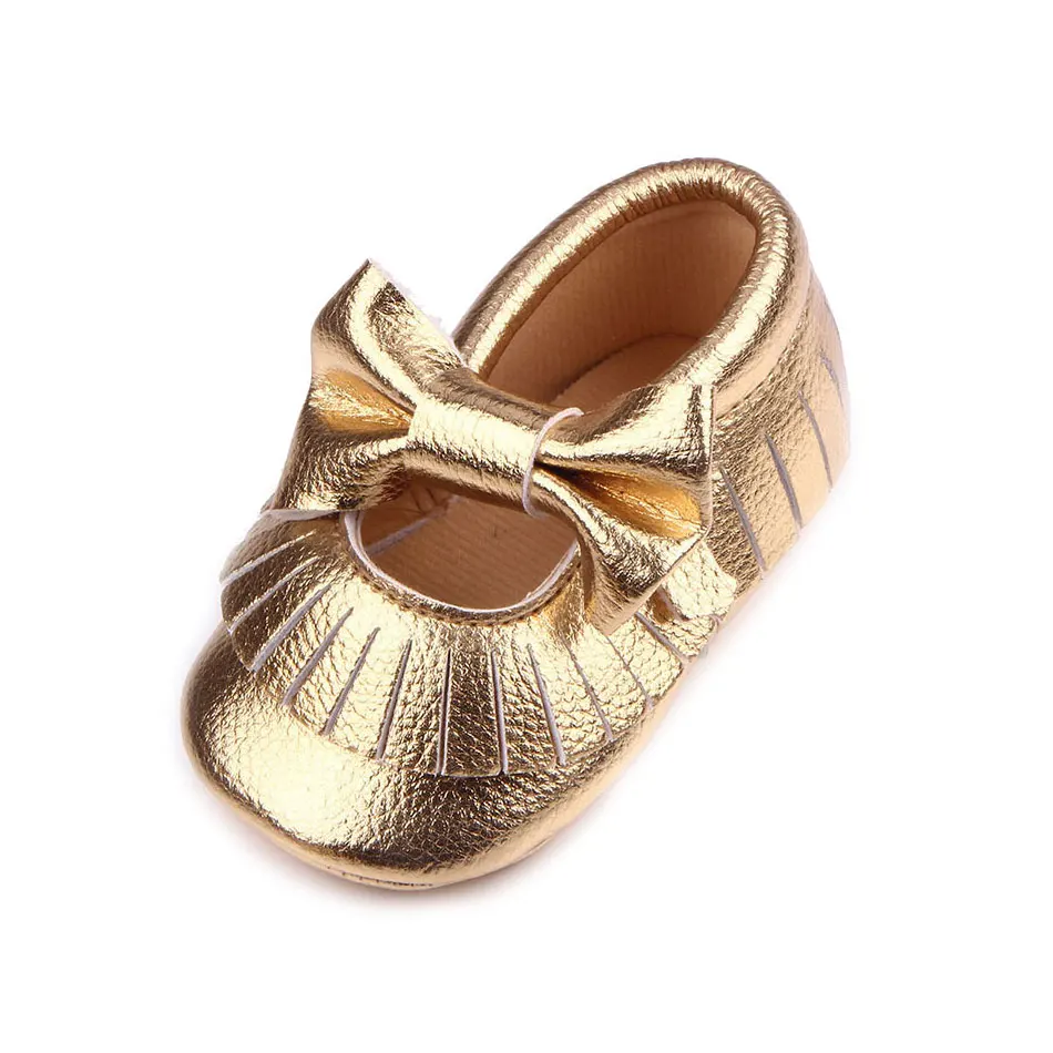 MSMAX/Обувь для маленьких девочек кожаная однотонная обувь на мягкой подошве, золотой с бахромой, с бантом-бабочкой, без шнуровки, повседневная обувь для малышей - Цвет: Gold