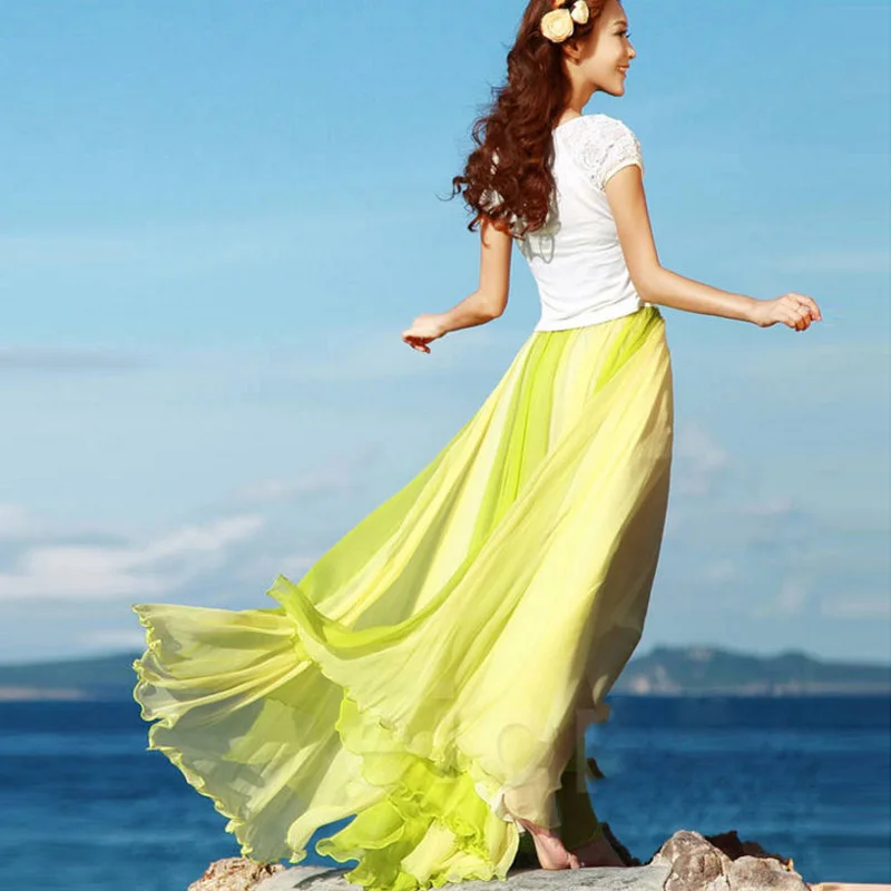 Элегантные женские шифоновые длинные юбки размера плюс с эластичной резинкой на талии, юбка макси с оборками на подоле, летняя юбка Saia Longa Faldas - Цвет: green