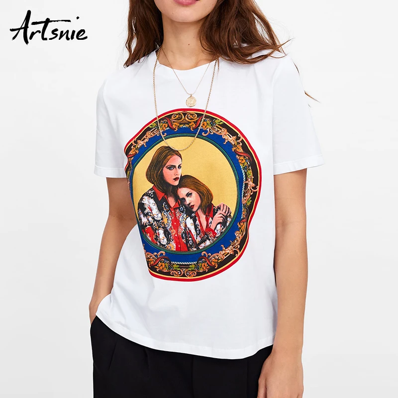 

Artsnie streetwear vintage character women t shirt summer 2019 o neck short sleeve casual tops female knitted white t-shirts tee