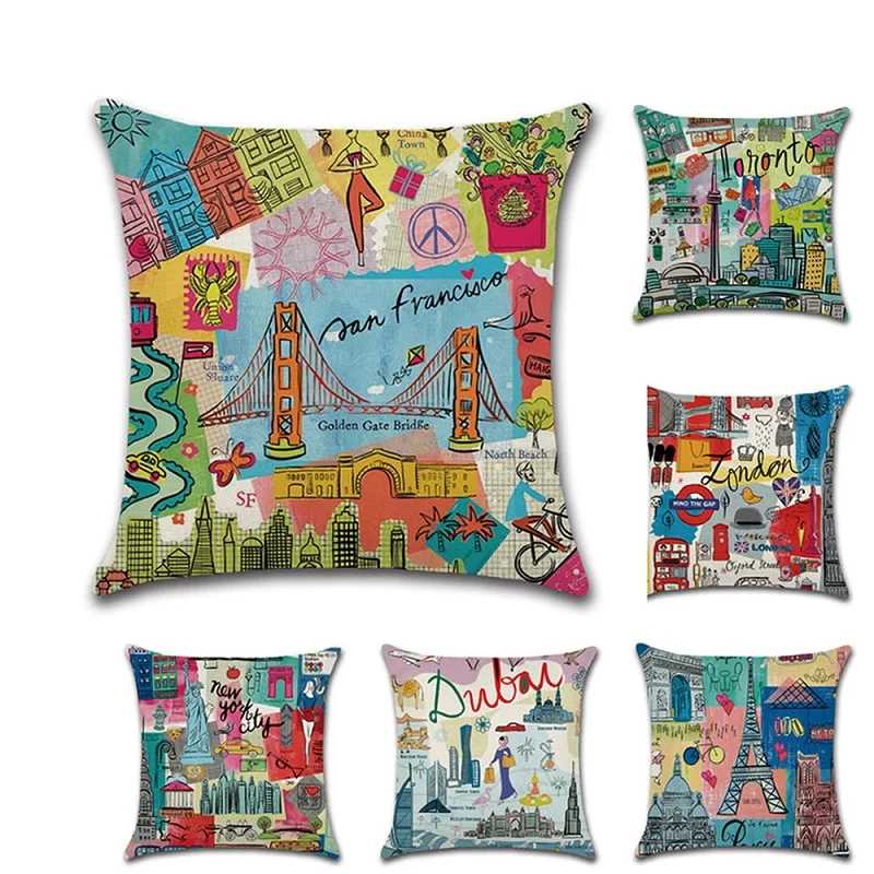 

45*45cm Cotton Linen Cushion Cover 2019 New Cartoon Village City Town Throw Pillow Case Home Chair Decoration Pillowcase Gifts