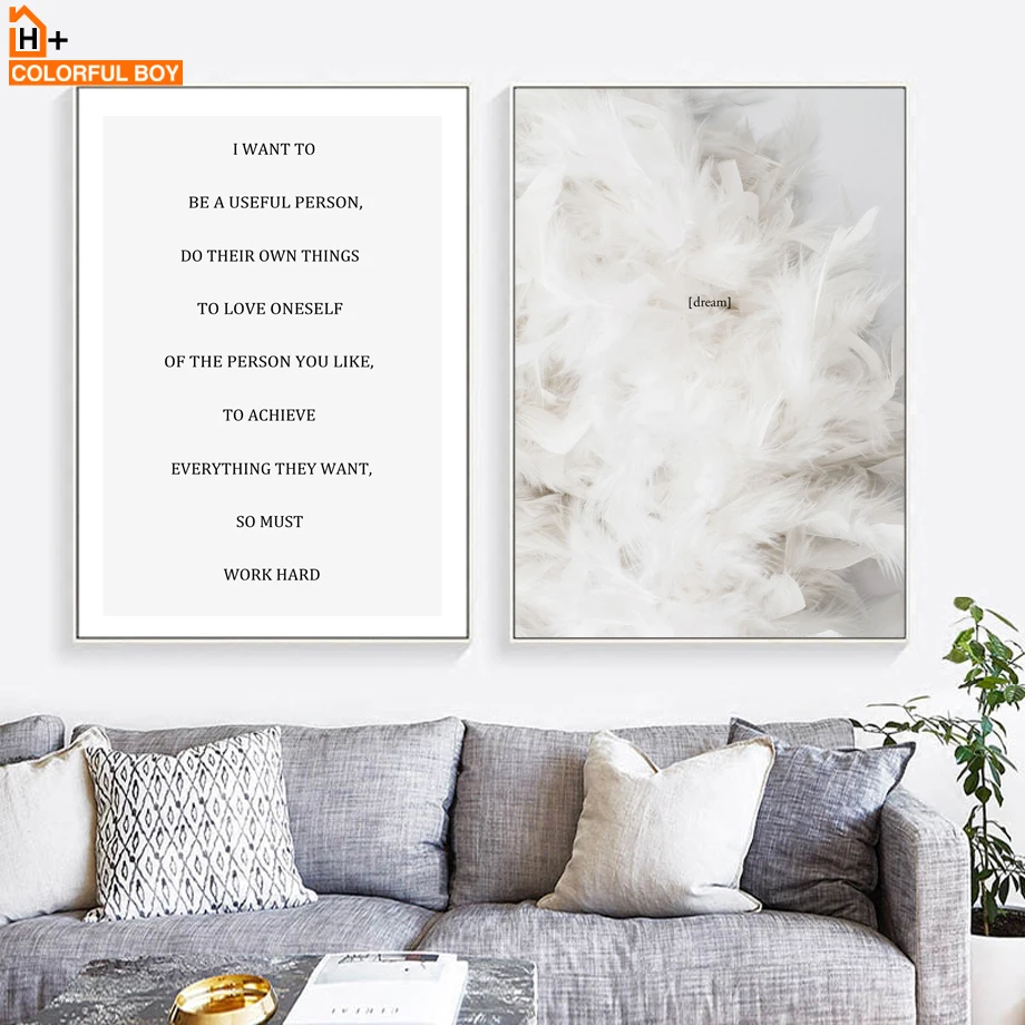 

White Feather Life Quotes Wall Art Canvas Painting Nordic Posters And Prints Landscape Wall Pictures For Living Room Home Decor