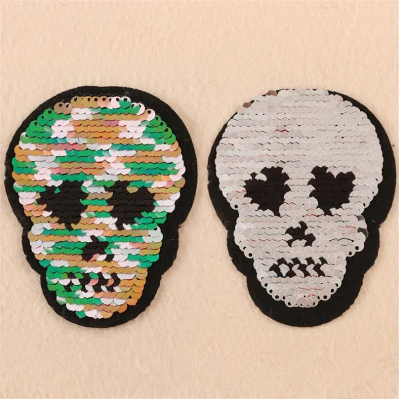 

Clothing Women Halloween Patch Reversible change color skull head up and down flip sequins patches for clothing sticker badge