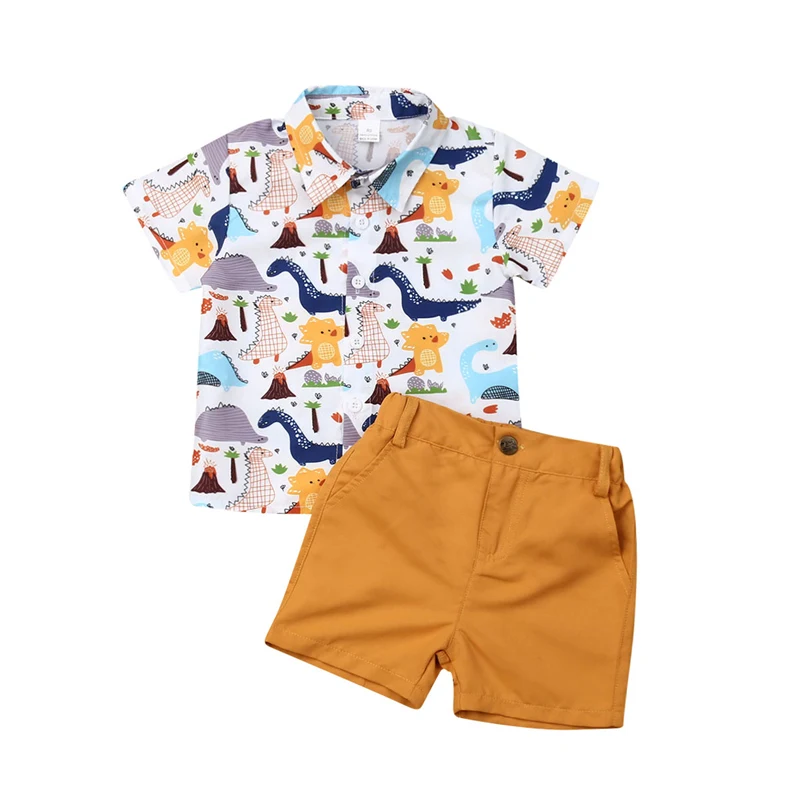 

2019 Summer Toddler Kids Baby Boys Clothes Set Dinosaur Short Sleeve Shirt Pants Yellow Shorts Outfits Gentleman Set 2-6Y