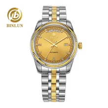 BINLUN Classical Dial Week Display 18K Gold Men’s Automatic Mechanical Watch Luxury All Golden Automatic Watch Top Male Watches