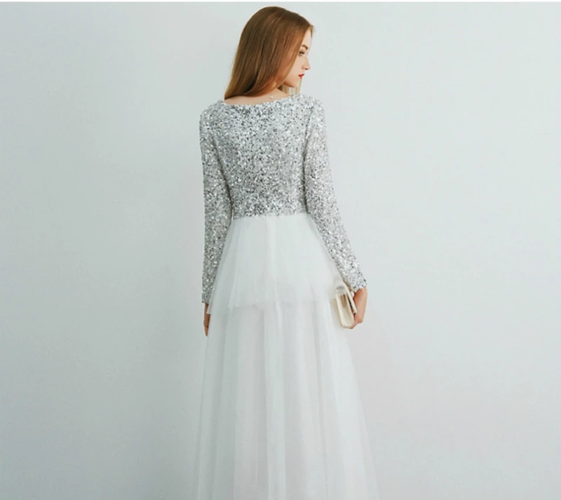 SSYFashion/Новинка; простое вечернее платье с длинными рукавами; белое платье с блестками и мягким тюлем; элегантные вечерние платья; Robe De Soiree