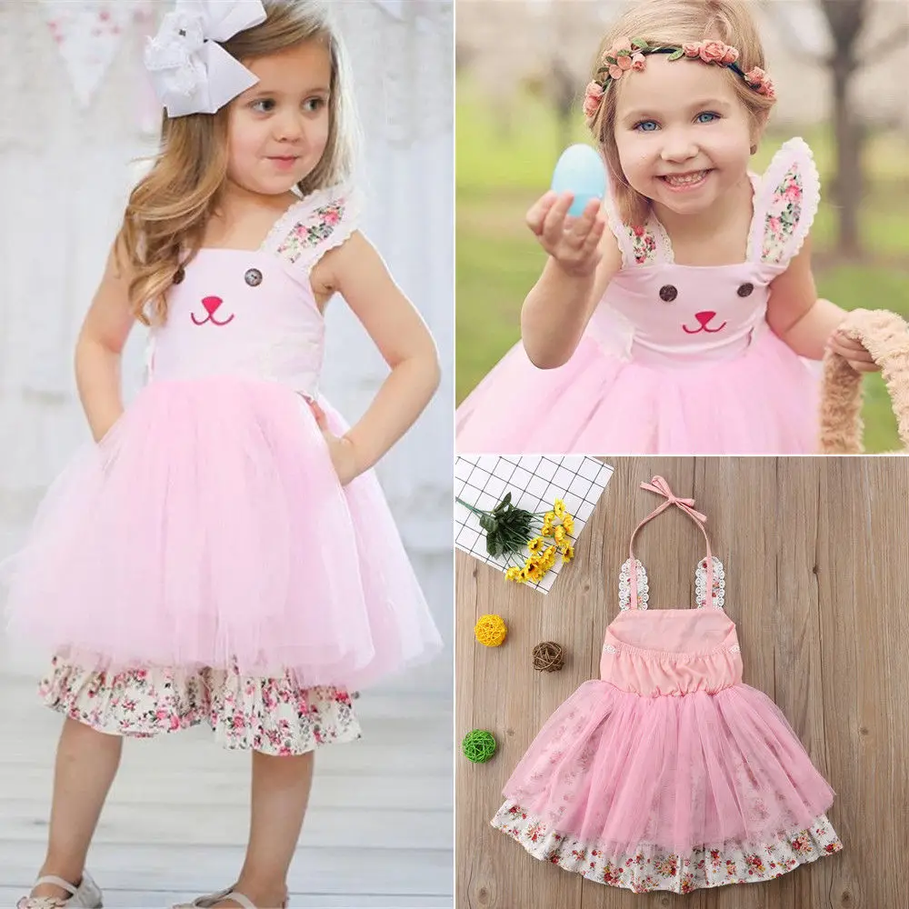 Newborn Infant Girls Dresses Easter Bunny Rabbit Ear Cartoon Princess Mesh Dress Tulle Tutu Party Princess Floral Dressed Outfit