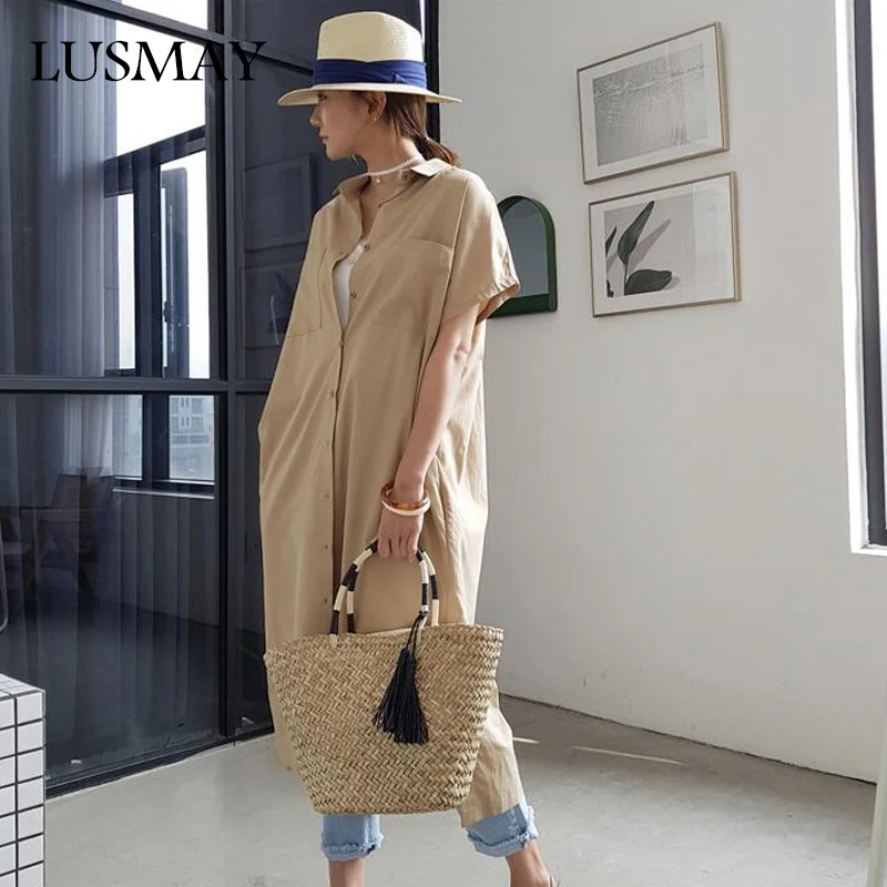 

Women's Solid Color Shirt Skirt Long Short-Sleeved Blouse 2019 Summer New Loose Casual Shirt Dress Females