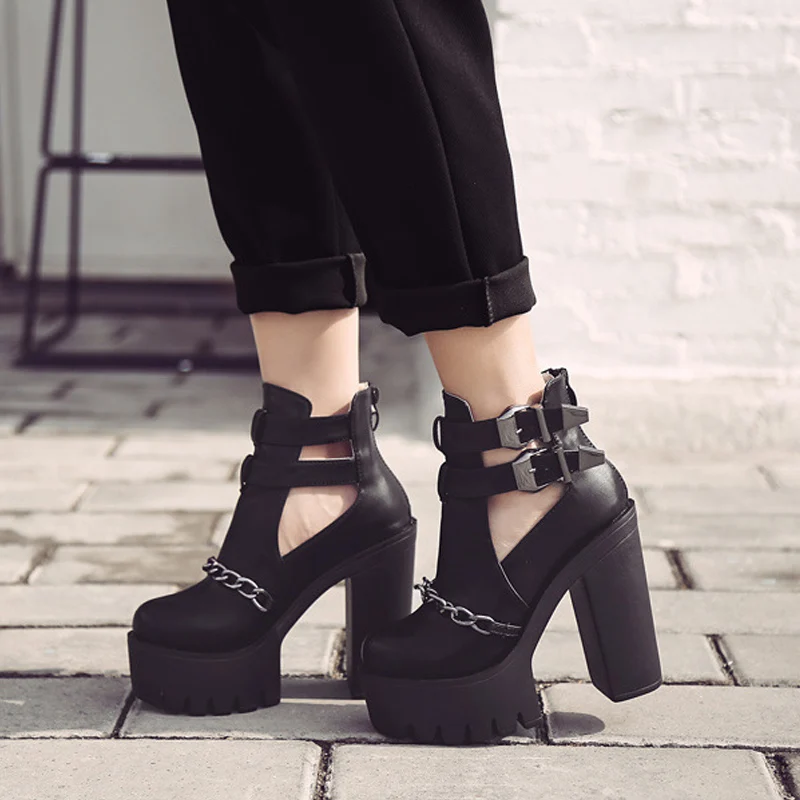 Calzado De Punk Botas Para Con Cremallera Moda Tobillo Alto Black Alto Zapatos Cadena Metal Sexy Tacón Mujer qHS16S