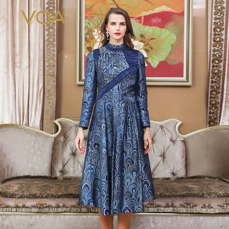 

VOA Vintage Chinese Brocade Silk Dress Women Spring Long Sleeve Dresses High Quality Runway vestidos Blue Floral sukienka A10107