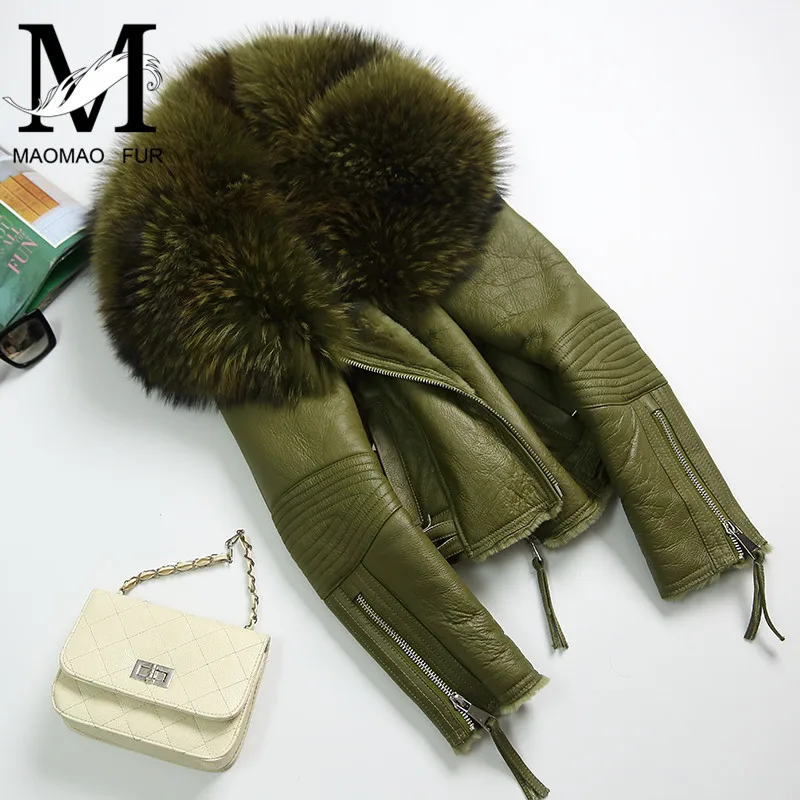 Women Real Sheep Fur Coat Winter Warm Fashion Genuine Merino Sheepskin Leather Jacket Natural Real Large Raccoon Fur Collar Coat