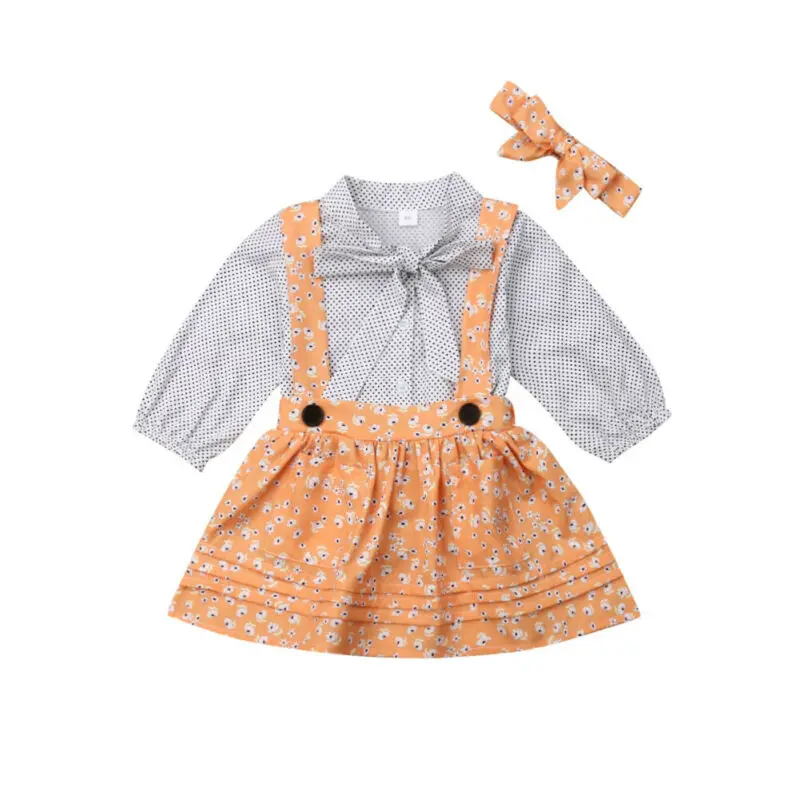 

6M-5Y Toddler Baby Kid Girls Clothing Set Bow Dot T shirts + Flower Skirts Overalls + Headband Outfit Kid Costumes Autumn Spring
