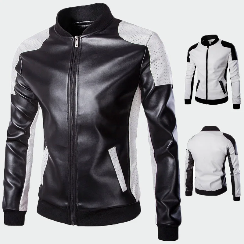 

2020 New Spring Autumn Men's Stand Collar Fashion Casual Jackets Black And White Stitching Big Yard Leather Cool Coats 5XL ML281