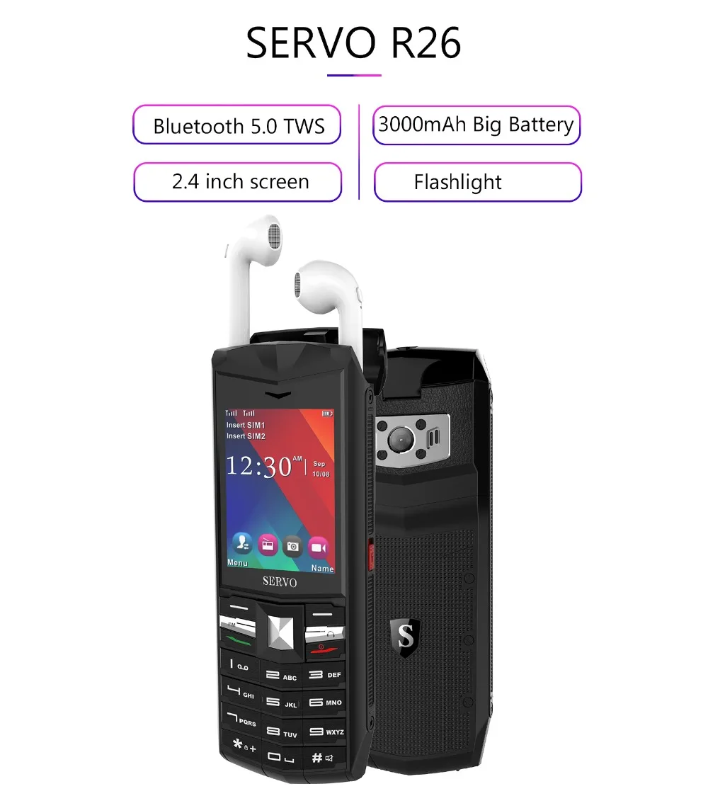 SERVO R26, 2,4 дюймов, две sim-карты, 3000 мА/ч, Дополнительный внешний аккумулятор, мобильный телефон с Bluetooth 5,0 TWS, беспроводные наушники, GSM мобильный телефон