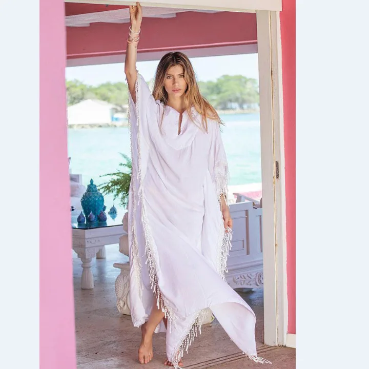 

Swimsuit Female White Kaftan Tunics For The Beach Covers Cape Dresses Outwear Beach Pareo Bikinis Women Cover-Ups Saida De Praia