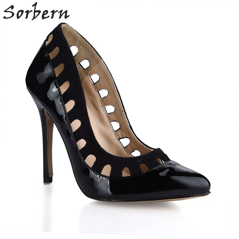 

Sorbern Black Shiny Women Pumps Cut Out High Fashion Shoes Plus Size Women Unique Shoes Office Heels Custom Size 34 Shoes
