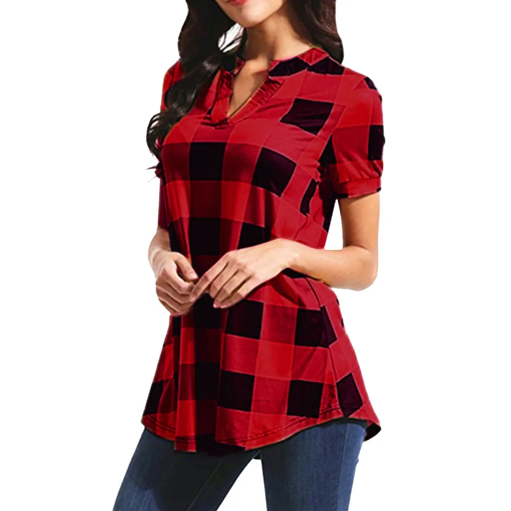 

Womens Tops And Blouses Casual Plaid Printed Short Sleeve V-Neck Irregular Hem Blouse Tops blusas mujer de moda 2019