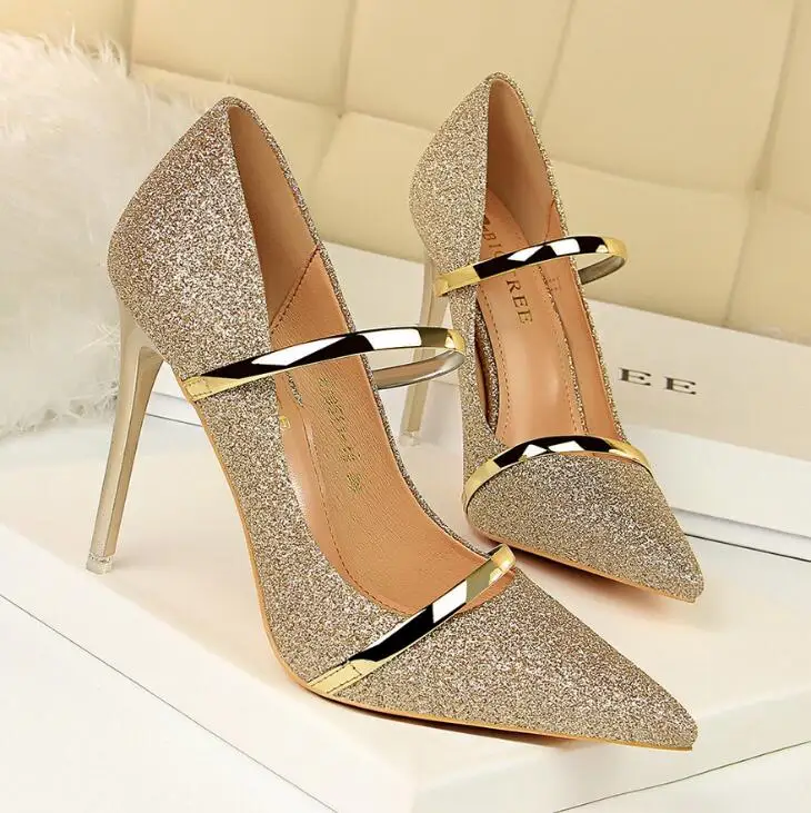 

European and American style high heels pointed sequin cloth sexy nightclub was thin high-heeled with a single shoes