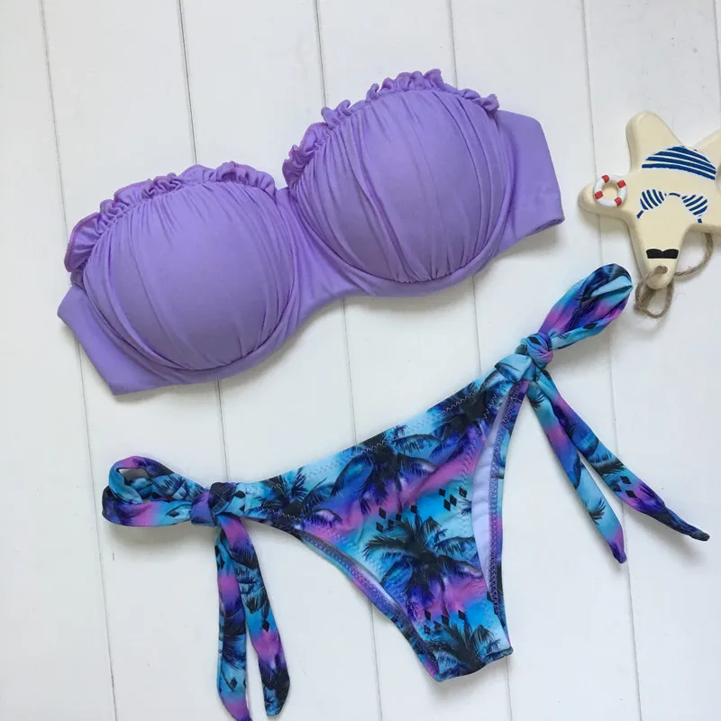 

2017 Sexy Bandeau Bikini Set Push Up Swimsuit Floral Print Swimwear Women Lace Bathing Suit Summer Biquinis Bandage Beachwear